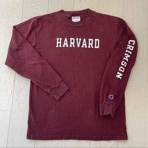 Harvard University Spell Out Crimson Burgundy Champion Long Sleeve Tee Shirt